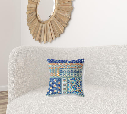 16"X16" Blue And Orange Microsuede Patchwork Blown Seam Pillow