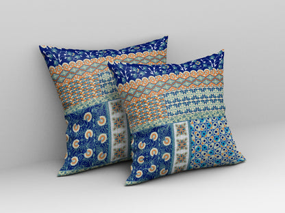 18"X18" Blue And Orange Microsuede Patchwork Blown Seam Pillow