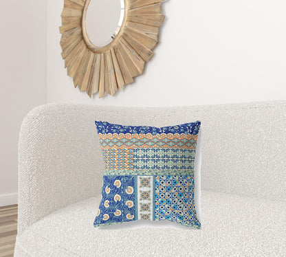 18"X18" Blue And Orange Microsuede Patchwork Blown Seam Pillow