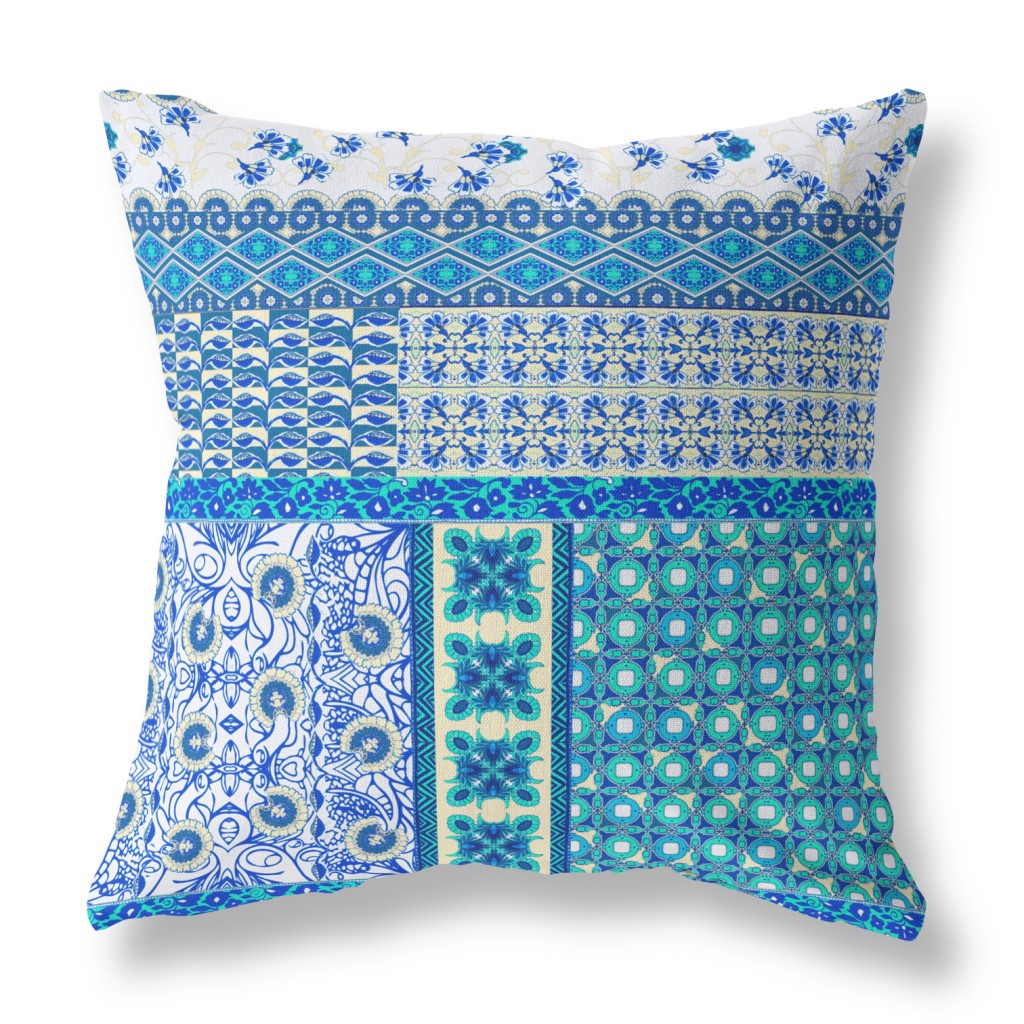 16"X16" Blue And White Microsuede Patchwork Blown Seam Pillow