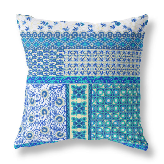 18"X18" Blue And White Microsuede Patchwork Blown Seam Pillow