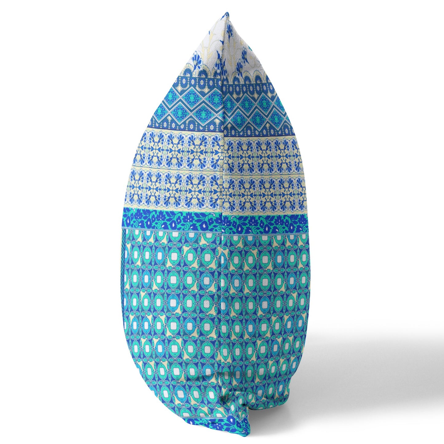 18"X18" Blue And White Microsuede Patchwork Blown Seam Pillow