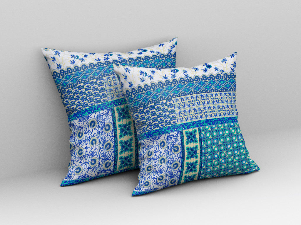18"X18" Blue And White Microsuede Patchwork Blown Seam Pillow