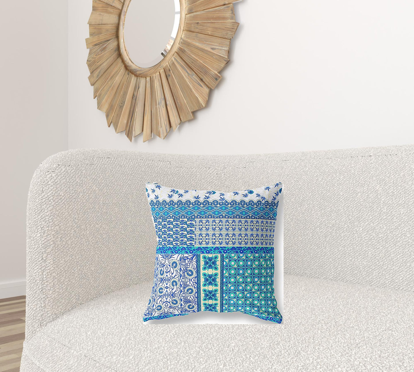 18"X18" Blue And White Microsuede Patchwork Blown Seam Pillow