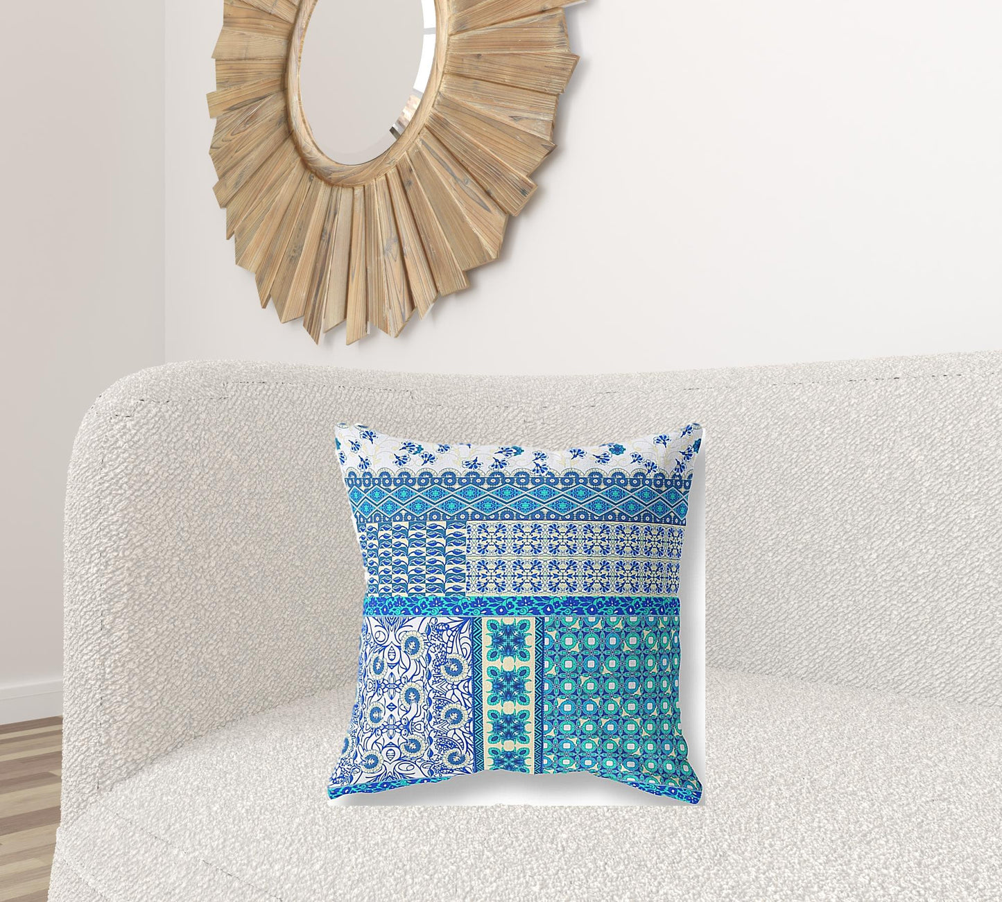 18"X18" Blue And White Microsuede Patchwork Blown Seam Pillow