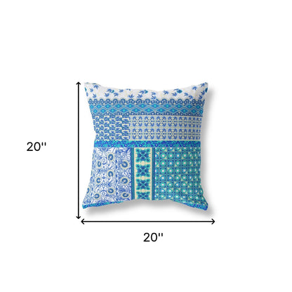 18"X18" Blue And White Microsuede Patchwork Blown Seam Pillow