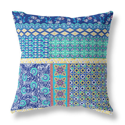 16"X16" Blue And Yellow Microsuede Patchwork Blown Seam Pillow