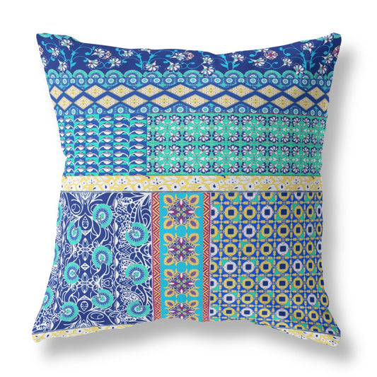 16"X16" Blue And Yellow Microsuede Patchwork Blown Seam Pillow