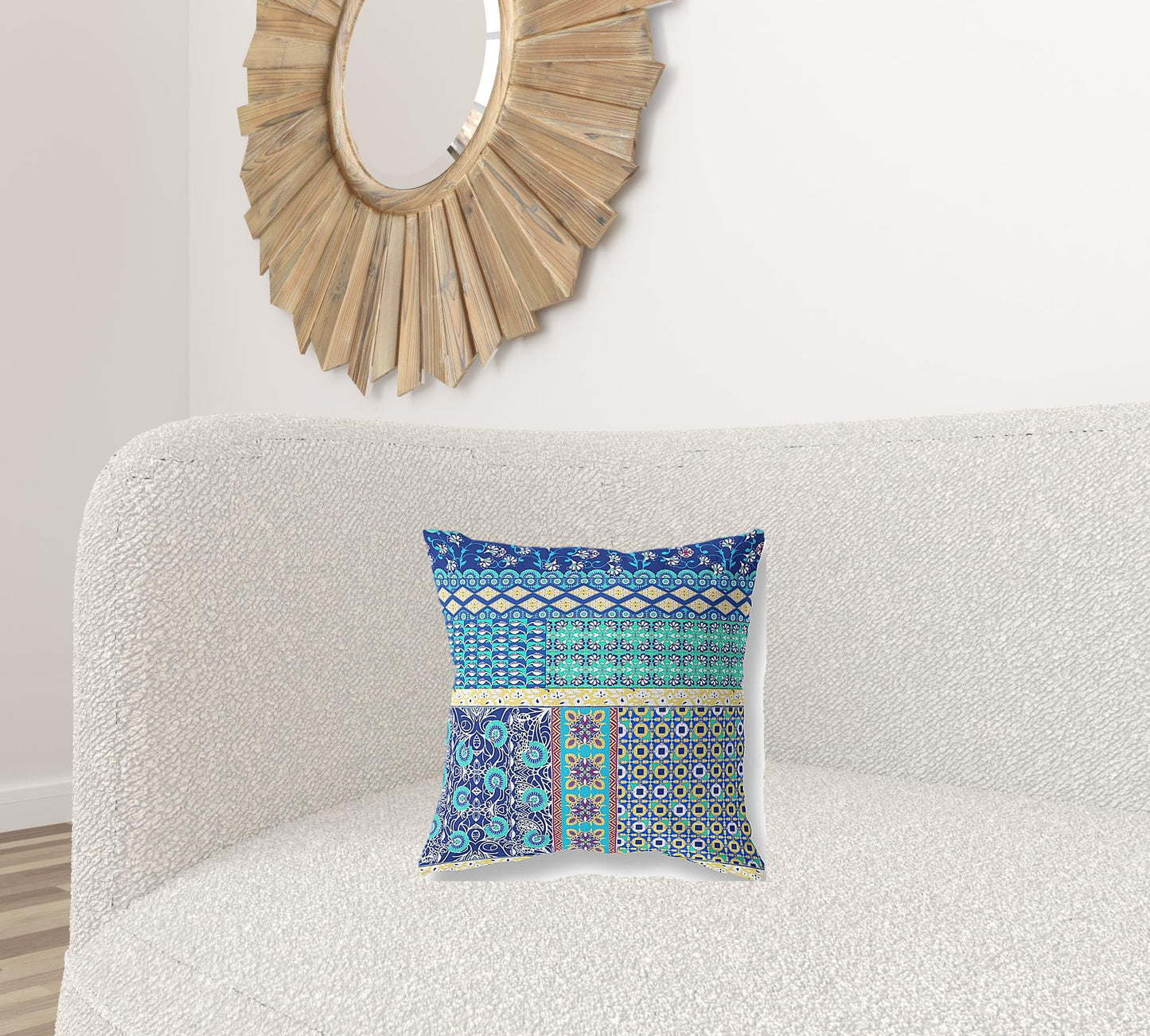 16"X16" Blue And Yellow Microsuede Patchwork Blown Seam Pillow
