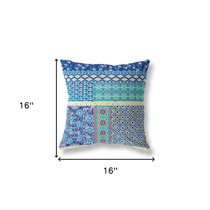 16"X16" Blue And Yellow Microsuede Patchwork Blown Seam Pillow