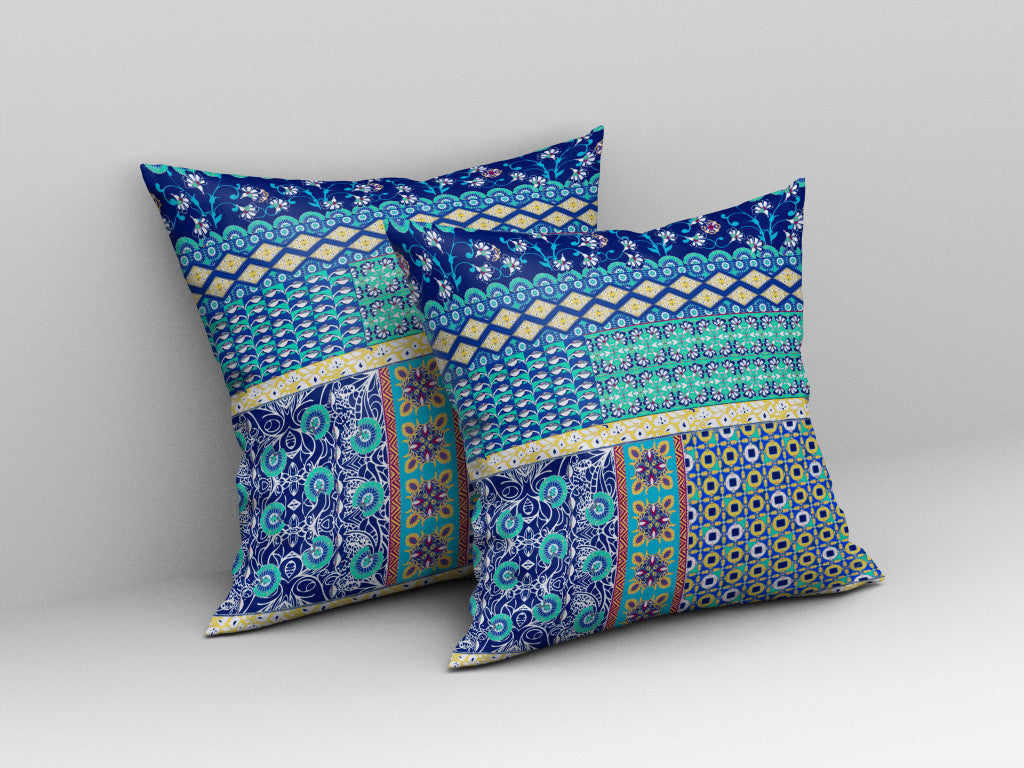18"X18" Blue And Yellow Microsuede Patchwork Blown Seam Pillow