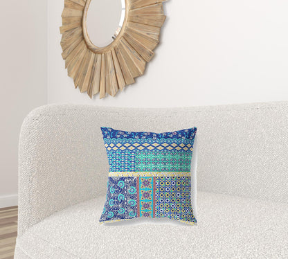 18"X18" Blue And Yellow Microsuede Patchwork Blown Seam Pillow