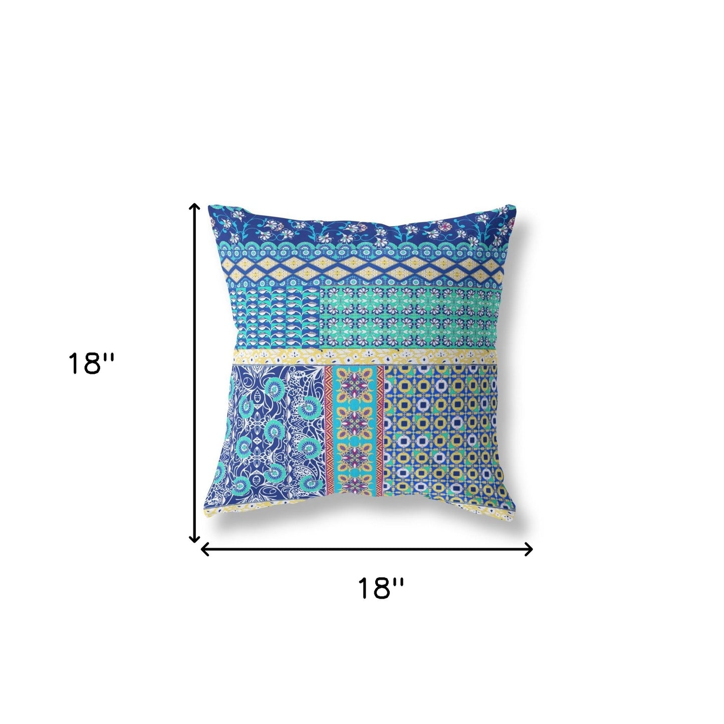 18"X18" Blue And Yellow Microsuede Patchwork Blown Seam Pillow