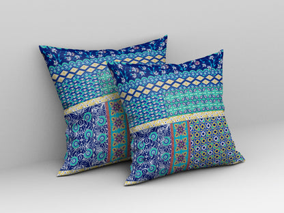 18"X18" Blue And Yellow Microsuede Patchwork Blown Seam Pillow