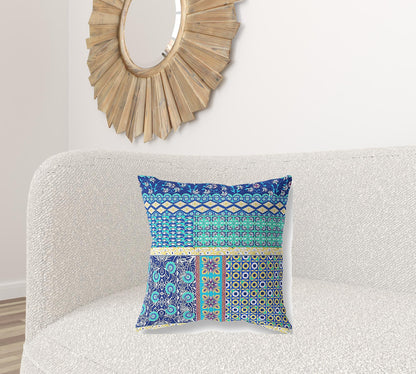 18"X18" Blue And Yellow Microsuede Patchwork Blown Seam Pillow