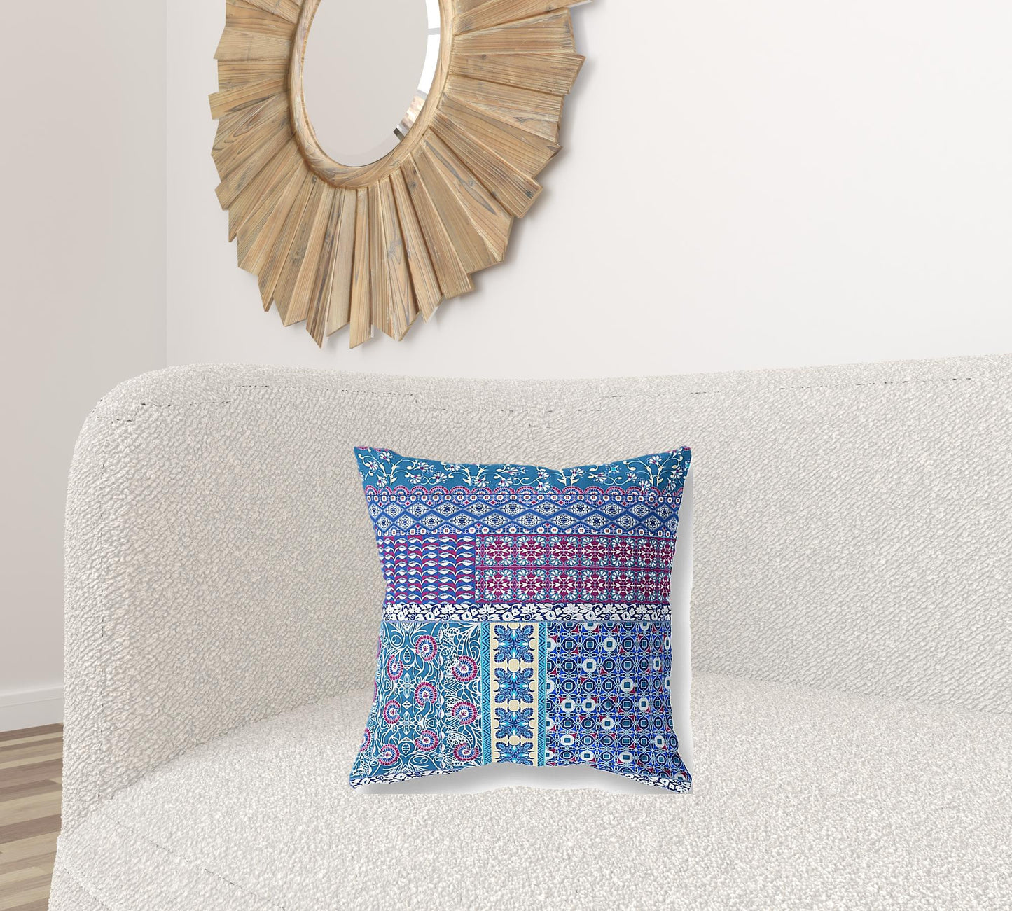 18"X18" Blue And Purple Microsuede Patchwork Blown Seam Pillow