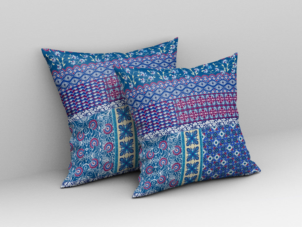 18"X18" Blue And Purple Microsuede Patchwork Blown Seam Pillow