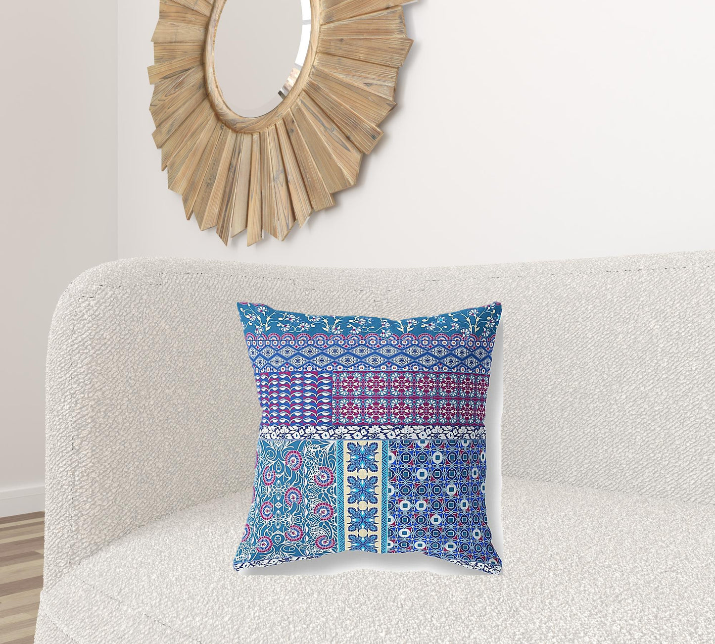 18"X18" Blue And Purple Microsuede Patchwork Blown Seam Pillow
