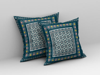 16" X 16" Blue And Beige Floral Blown Seam Suede Throw Pillow