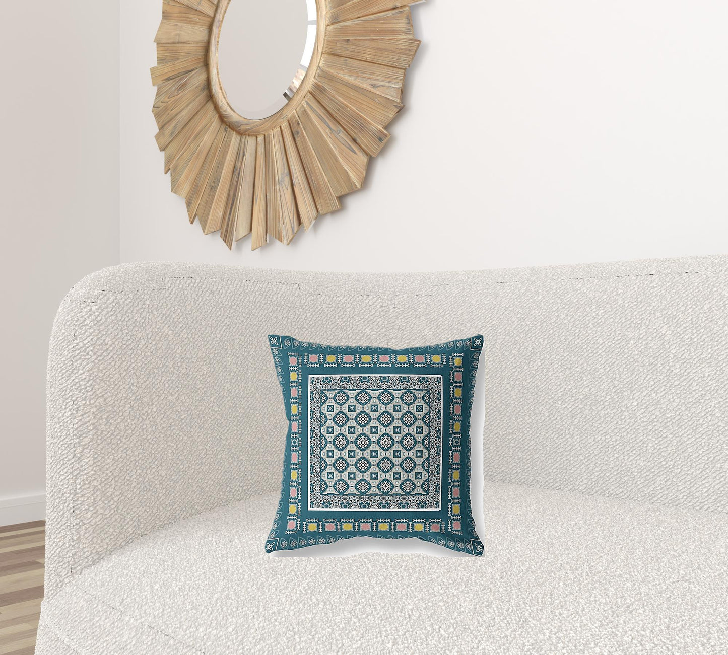 16" X 16" Blue And Beige Floral Blown Seam Suede Throw Pillow