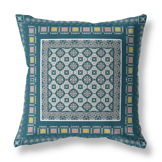 18" X 18" Blue And Beige Floral Blown Seam Suede Throw Pillow