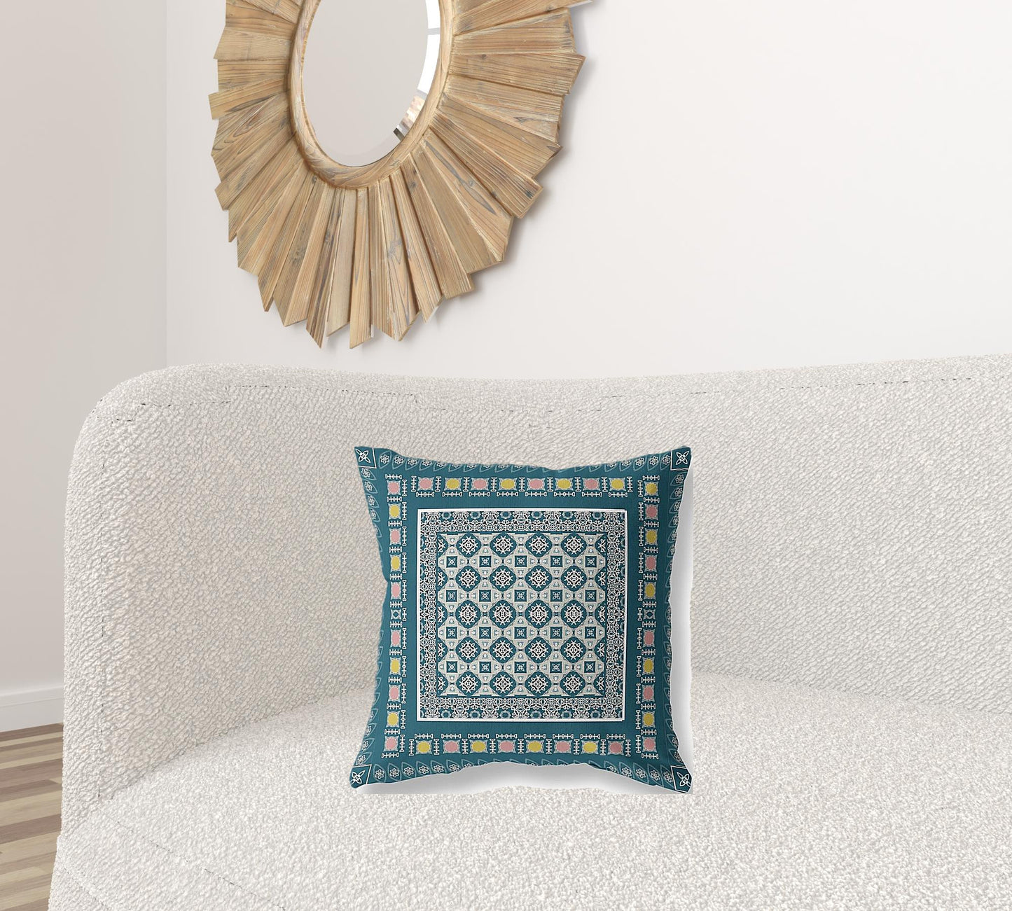 18" X 18" Blue And Beige Floral Blown Seam Suede Throw Pillow