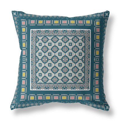 18" X 18" Blue And Beige Floral Blown Seam Suede Throw Pillow