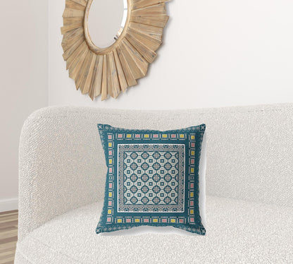 18" X 18" Blue And Beige Floral Blown Seam Suede Throw Pillow