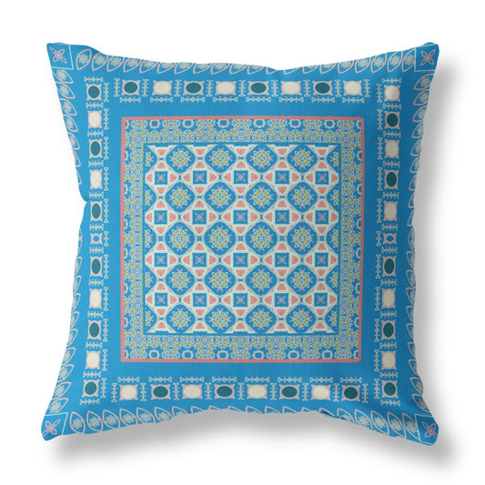 16" X 16" Blue And Pink Floral Blown Seam Suede Throw Pillow