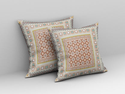 16" X 16" Off White And Orange Floral Blown Seam Suede Throw Pillow