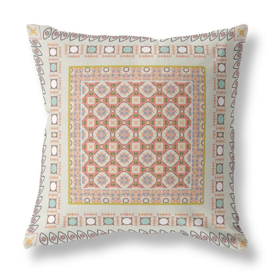 18" X 18" Off White And Orange Floral Blown Seam Suede Throw Pillow