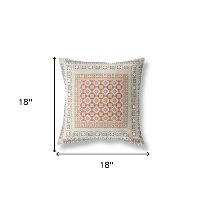 18" X 18" Off White And Orange Floral Blown Seam Suede Throw Pillow