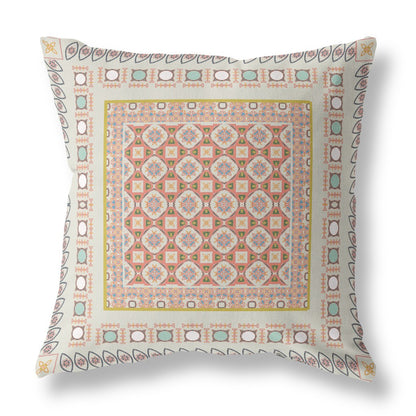 18" X 18" Off White And Orange Floral Blown Seam Suede Throw Pillow