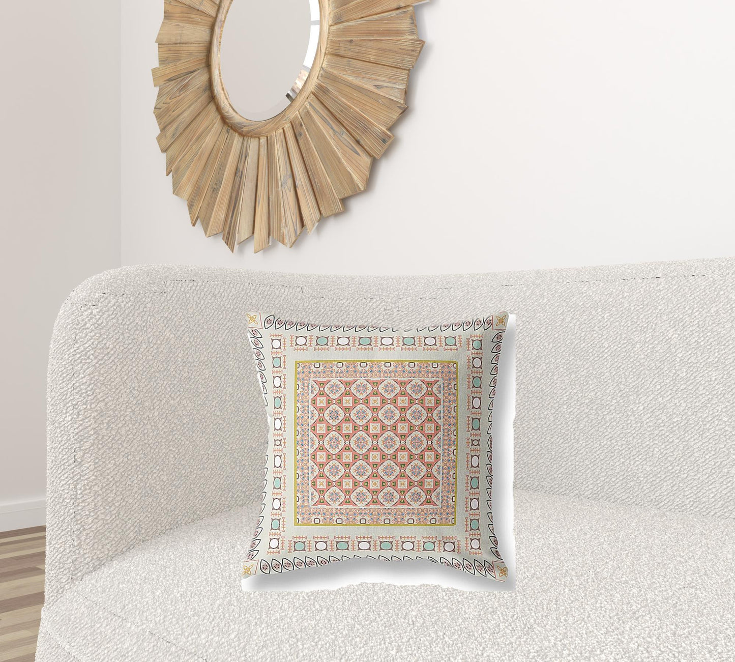 18" X 18" Off White And Orange Floral Blown Seam Suede Throw Pillow