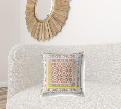 18" X 18" Off White And Orange Floral Blown Seam Suede Throw Pillow
