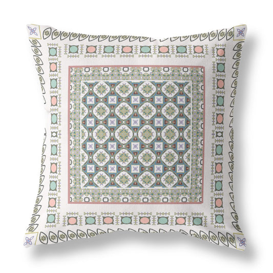 16" X 16" White And Blue Floral Blown Seam Suede Throw Pillow