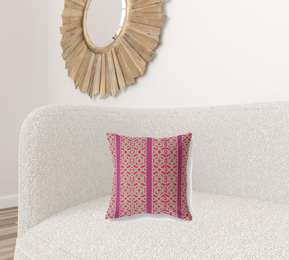 16" X 16" Pink And Green Geometric Blown Seam Suede Throw Pillow