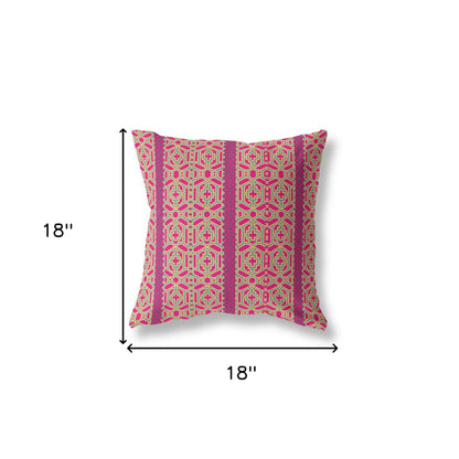 18" X 18" Pink And Green Geometric Blown Seam Suede Throw Pillow
