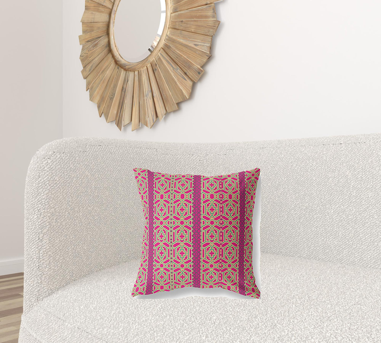 18" X 18" Pink And Green Geometric Blown Seam Suede Throw Pillow