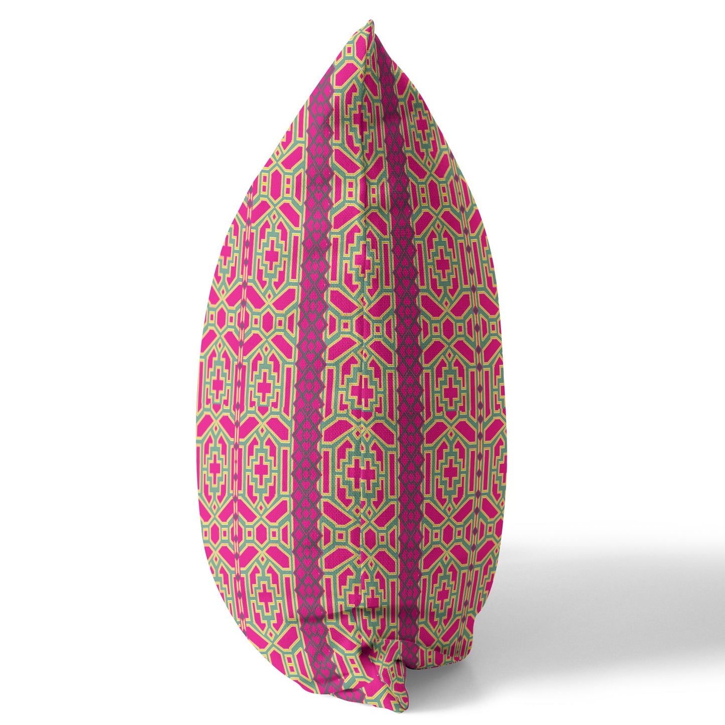 18" X 18" Pink And Green Geometric Blown Seam Suede Throw Pillow