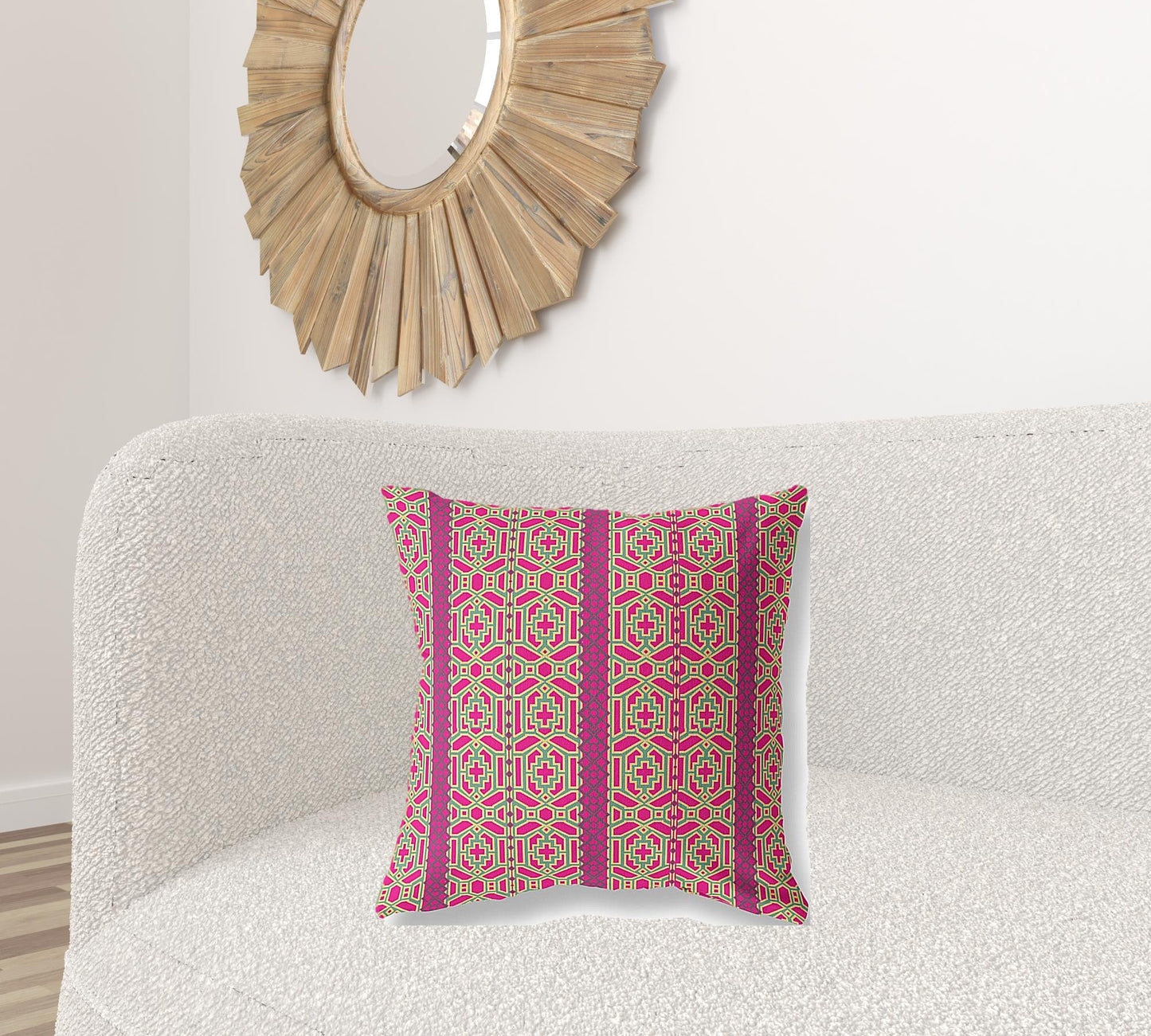 18" X 18" Pink And Green Geometric Blown Seam Suede Throw Pillow