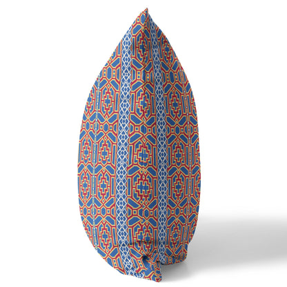 16" X 16" Blue And Red Geometric Blown Seam Suede Throw Pillow