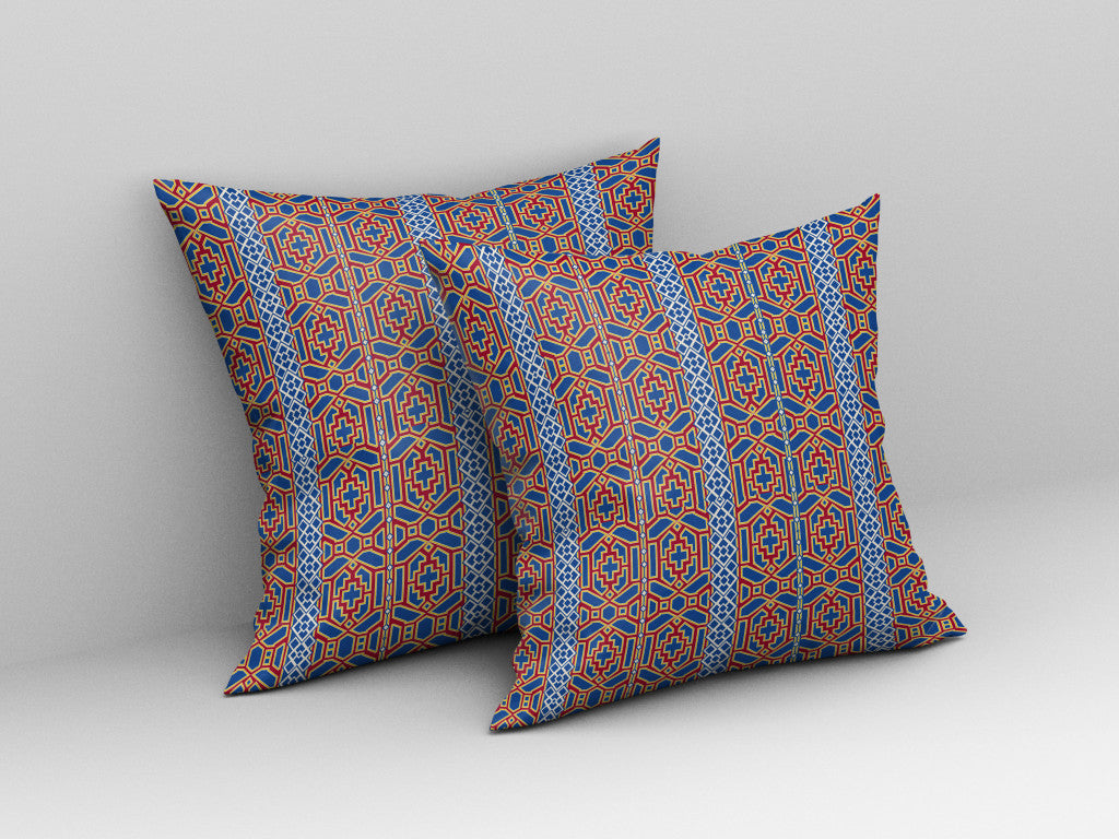 16" X 16" Blue And Red Geometric Blown Seam Suede Throw Pillow