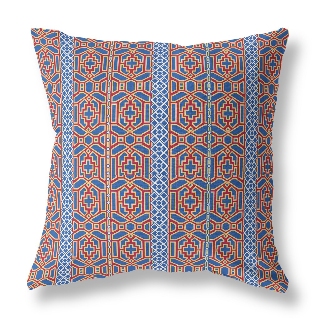 18" X 18" Blue And Red Geometric Blown Seam Suede Throw Pillow
