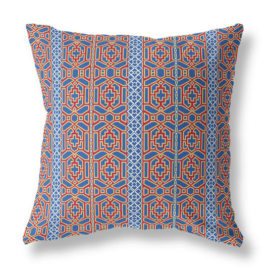 18" X 18" Blue And Red Geometric Blown Seam Suede Throw Pillow