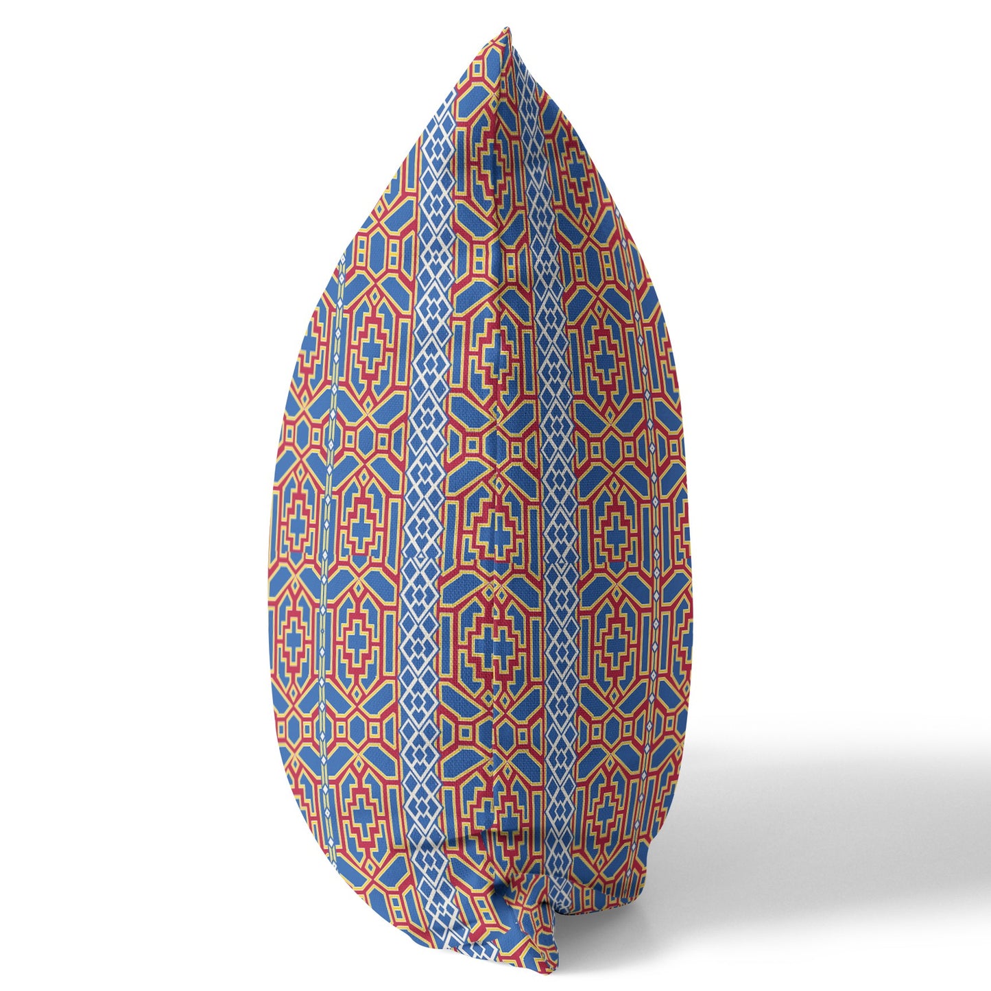 18" X 18" Blue And Red Geometric Blown Seam Suede Throw Pillow