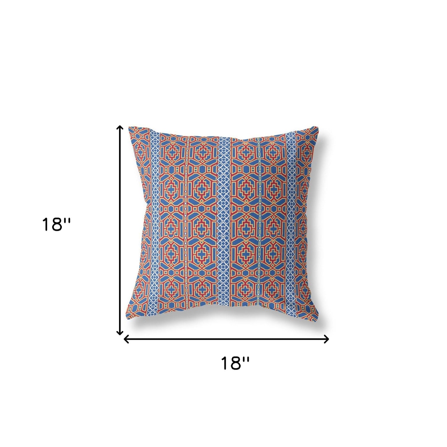 18" X 18" Blue And Red Geometric Blown Seam Suede Throw Pillow