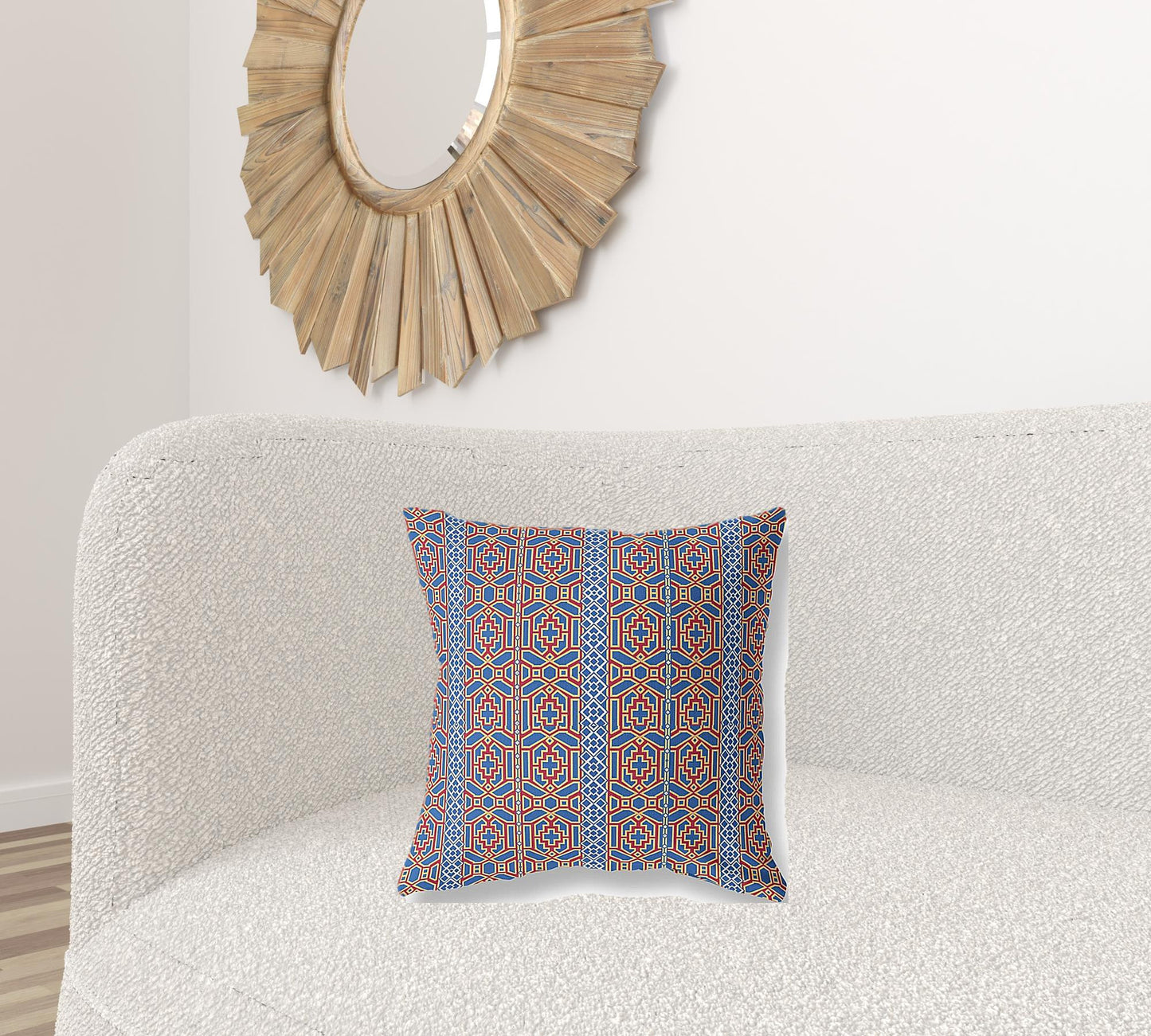18" X 18" Blue And Red Geometric Blown Seam Suede Throw Pillow