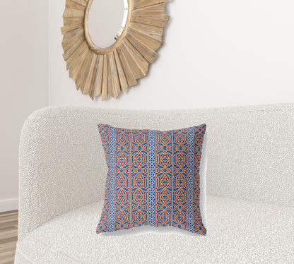 18" X 18" Blue And Red Geometric Blown Seam Suede Throw Pillow
