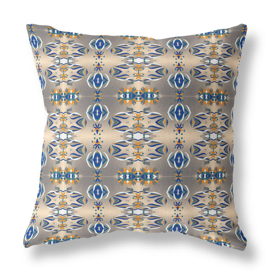 18" X 18" Brown And Blue Abstract Blown Seam Suede Throw Pillow